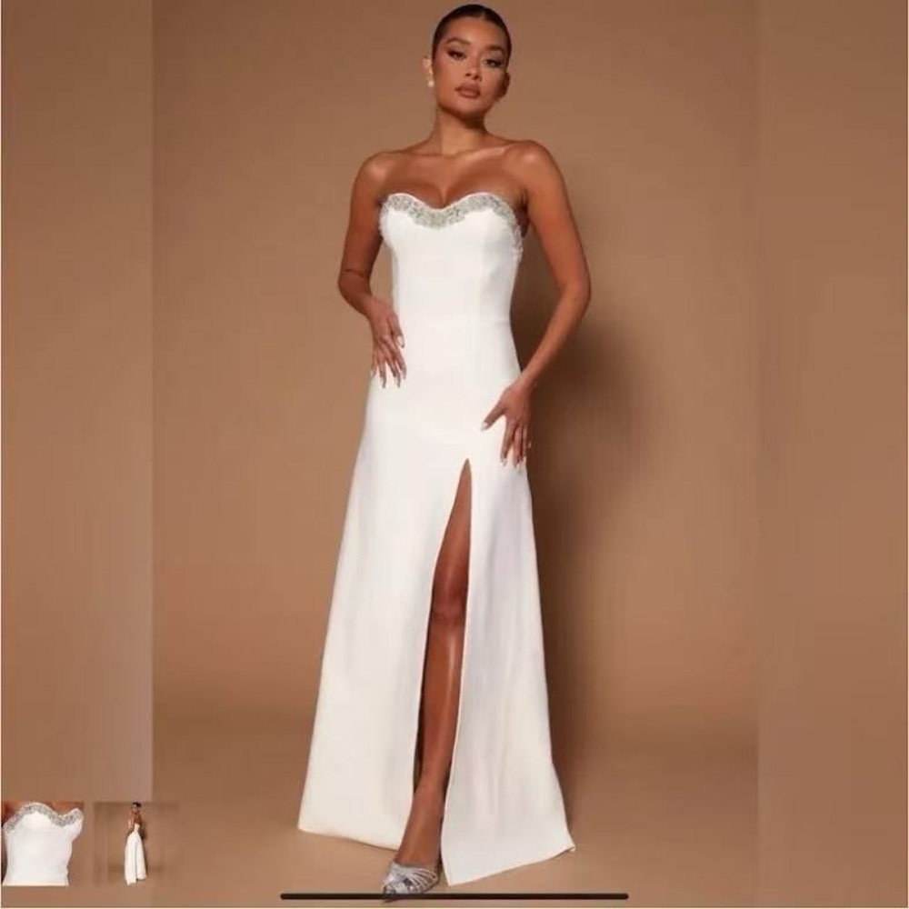 novaluxe Chic Strapless White Dress with Silver Accents